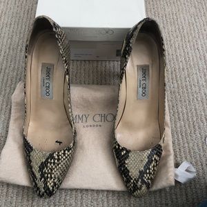 Jimmy Choo “Gilbert” Snake Print Leather Pumps